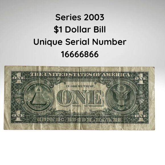 2003 $1 Bill – Fancy Serial Number 16666866 – Repeater / Near-Mirror – Circulate - Picture 2 of 3